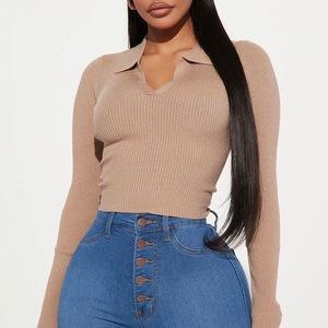 Khaki Light Tan Collared Polo Shirt V Neck Ribbed S Small